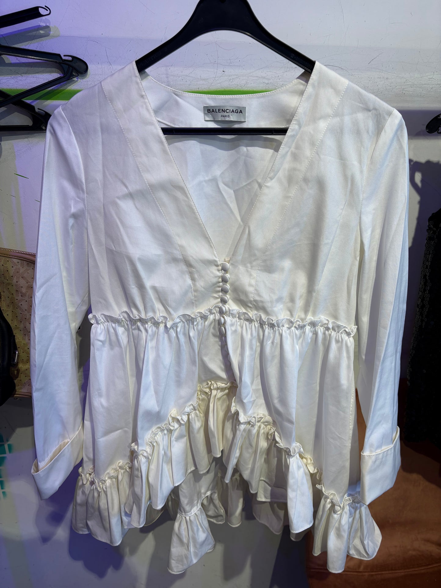 BALENCIAGA WHITE/IVORY RUFFLE BLOUSE
